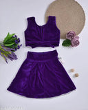 Velvet baby girl fancy lehenga set, embellished with zari stitch, sleeveless design, available in various sizes from 0-3 years