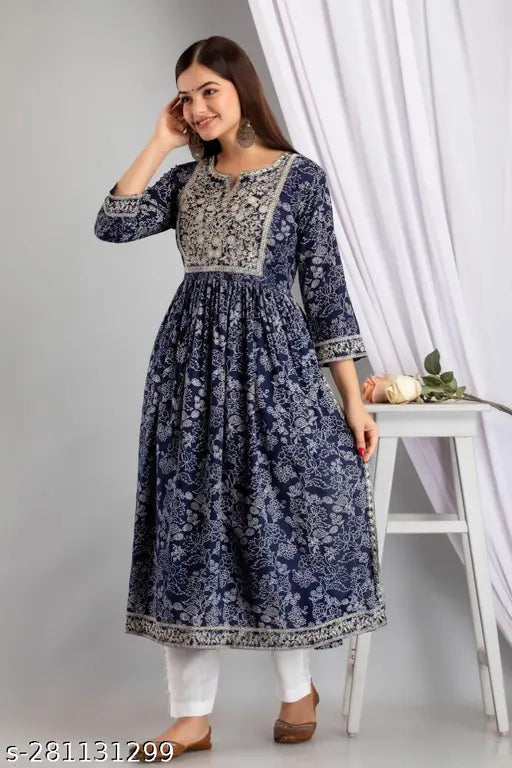 Blue embroidered rayon kurta and cotton pant, Indian ethnic wear with intricate naira cut design