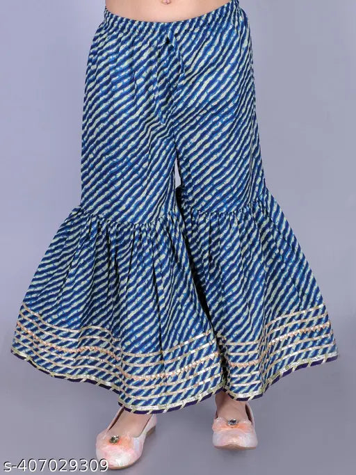 Navy Blue Cotton Floral Paisley Print Anarkali/Flared Kurta & Sharara Set for Girls - Intricate embellishments, flared silhouette, perfect for special occasions. Multiple sizes available from 2-14 years. Made in India