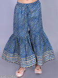 Navy Blue Cotton Floral Paisley Print Anarkali/Flared Kurta & Sharara Set for Girls - Intricate embellishments, flared silhouette, perfect for special occasions. Multiple sizes available from 2-14 years. Made in India