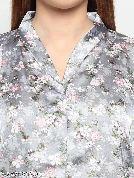 Floral print satin night suit set, short sleeves, V-neck with button closure for girls