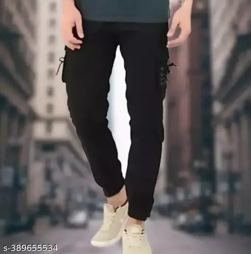 Black cotton blend cargo jeans by Flaying Men DFIE for men's size 28-34, solid pattern on display