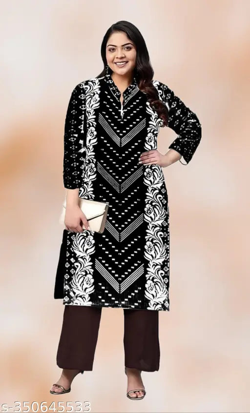 Black and white wool kameez with long sleeves, straight cut, and straight hem