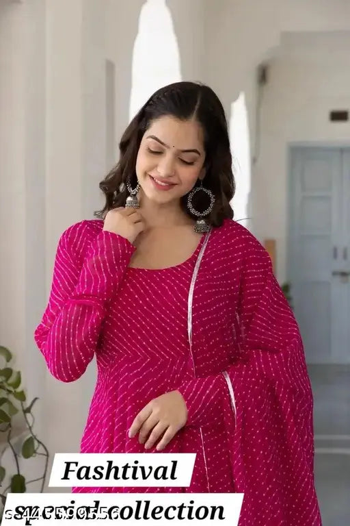 Pink Georgette printed women's dress with dupatta and bottom, long sleeves, size S-XXXL, made in India
