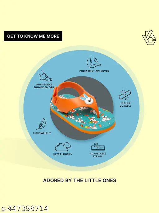 Orange flip flops with bunny print, featuring adjustable straps and non-slip soles, for unisex wear