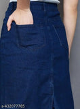 Blue denim skirt with straight hem and pockets