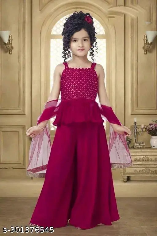 Embroidered Georgette Anarkali Kurta Plazzo and Dupatta Set for Girls, popular ethnic partywear in sizes 4-16 years, India