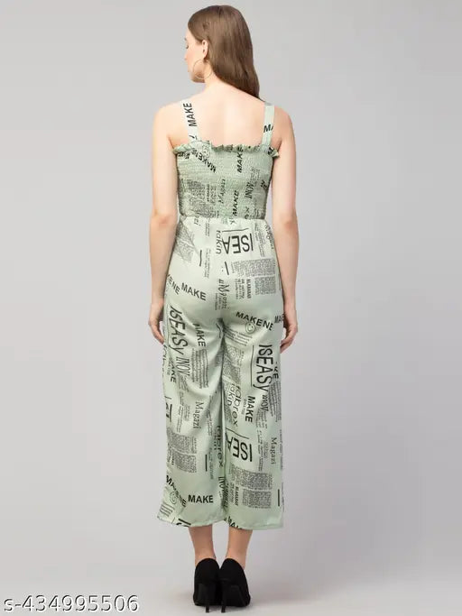 Green crepe paperprint designer jumpsuit for women, three-quarter sleeve length