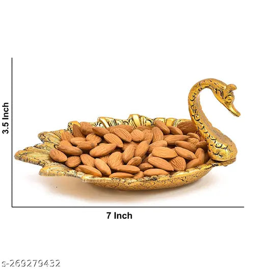 Metal duck tray serving dry fruits, handcrafted artifact for home decor and gifting, measures 11.5 x 4 x 21 inches, made in India