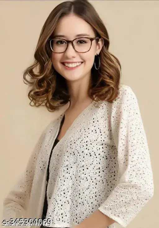 Beige nylon three-quarter sleeve shrug, premium women's self-design net shrug on display, India origin