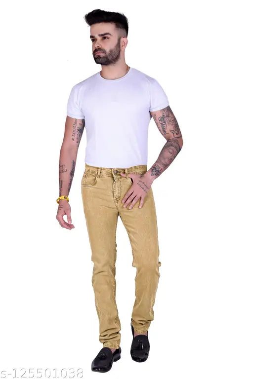Beige denim slim fit jeans for men by Rigbone, ideal for casual wear or everyday style