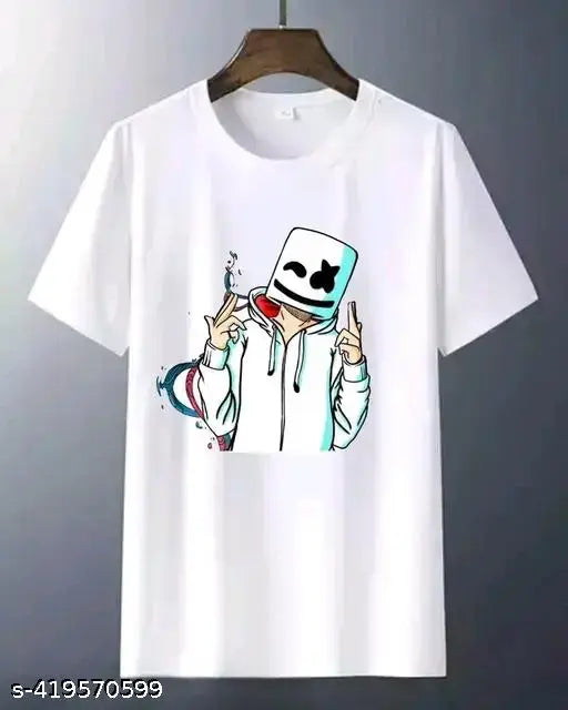 Marshmello printed men's polyester t-shirt with short sleeves, vibrant graphic design on a black background. [Men's fashion, Marshmello merchandise, Indian apparel]
