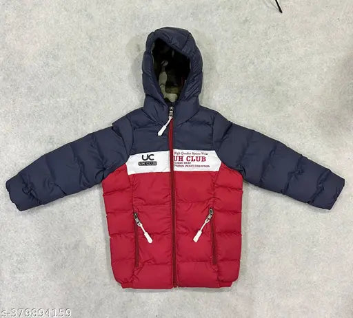 Winter kids bomber jacket with logo, navy blue and red