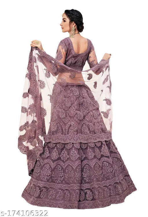 Satin semi-stitched ethnic motif lehenga choli with net dupatta, Indian traditional wear
