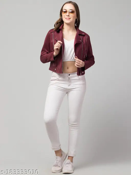 Classic zipper suede biker jacket, long sleeves, solid polyester, India-made