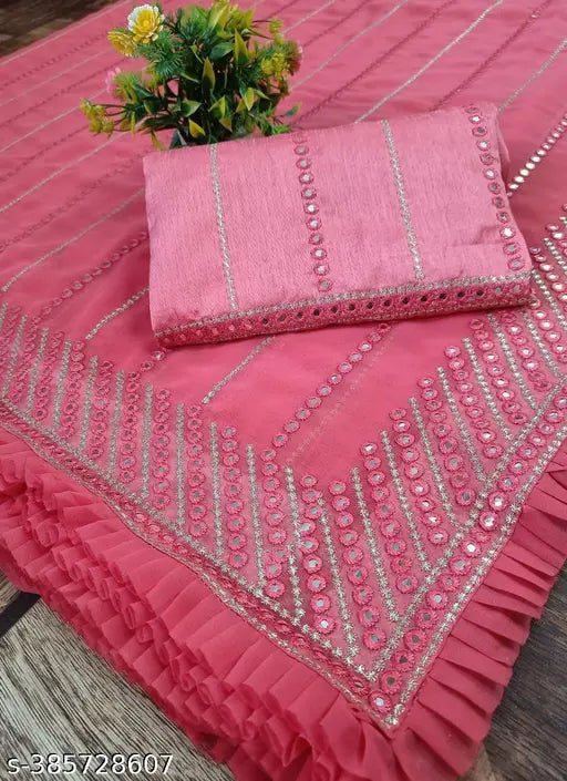 Red sequined sari, georgette fabric, work sari, CPallu, 9mm sequence embroidery