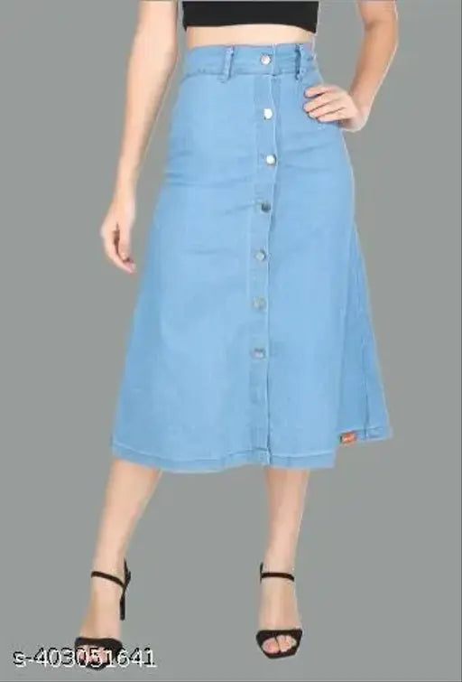 Blue denim A-line skirt for casual lite, 100% cotton with elasticated waistband and front slit