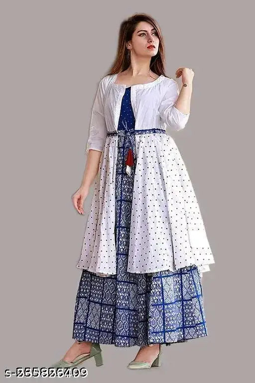 Royal blue printed Anarkali Kurta with white dot koti, rayon fabric, three-quarter sleeves. Indian fashion, women's traditional outfit