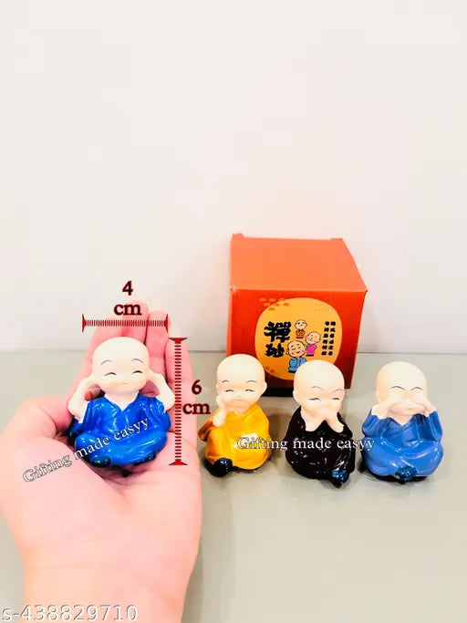 Smiling Buddha & Gandhi Ji mini set (4 pieces) - Religious idols for home, office, car decoration, Diwali, New Year, Christmas gifts promoting success and good luck as per Vastu