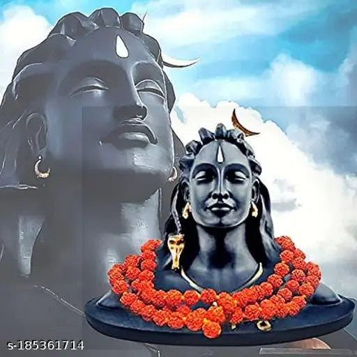 Adiyogi with Rudraksha Mala Shiva statue, black base, adorned with red flowers and beads