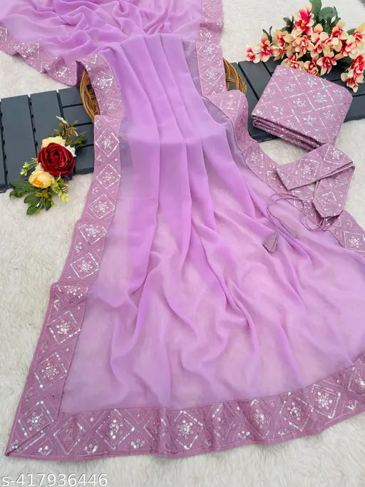 Purple silk saree with matching blouse piece