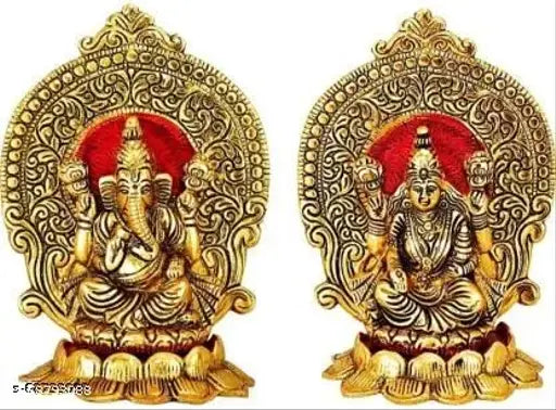 Gold-plated Laxmi Ganesh Murti Idol Set, antique white metal Diwali decoration item, 10"x10"x10", Indian origin