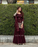 Black faux georgette sari with heavy embroidered work top and dupatta set, fully stitched readymade