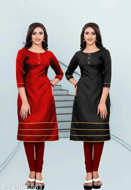 Multiple-colored rayon A-line fusion kurta with lace border, suitable for casual or special occasions. Made in India