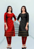Multiple-colored rayon A-line fusion kurta with lace border, suitable for casual or special occasions. Made in India