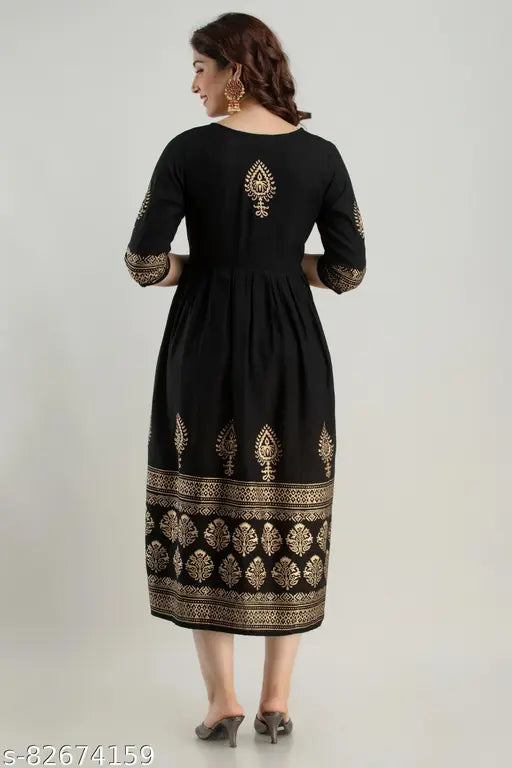 Rayon printed long flared Anarkali kurta, black, three-quarter sleeves, India-origin women's fashion accessory