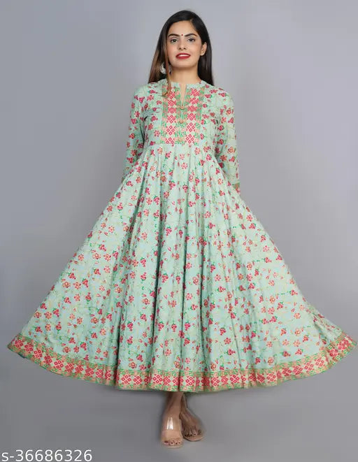 Stylish rayon flared kurta in sky green, printed combo on women's three-quarter sleeve top for festive and party wear. Available sizes: S, M, L, XL, XXL, XXXL. India origin