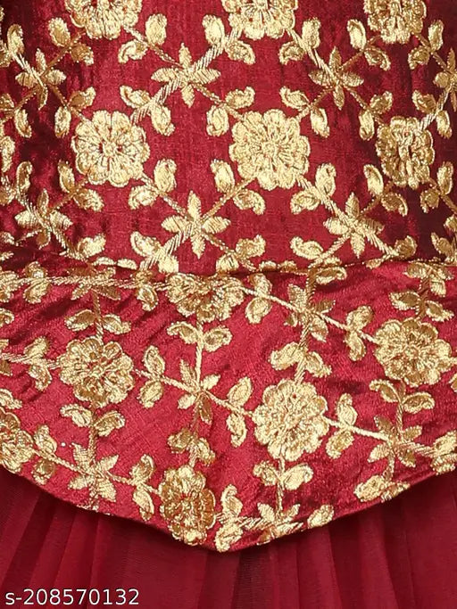 Maroon net hi-low party dress for girls aged 1-2 years, embellished design, Indian origin