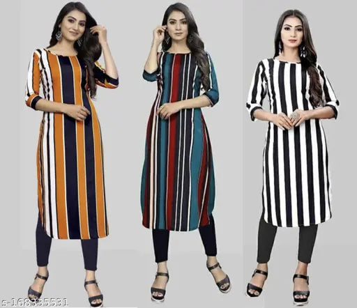 Trendy combo pack of 3 kurtis in vibrant striped patterns. Colorful, lightweight with elastic sleeves