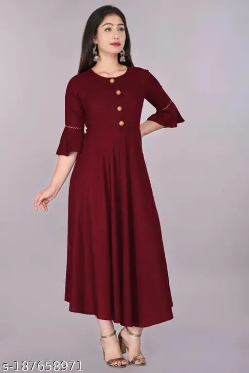 Fancy designed women's viscose rayon flared kurta, solid below-the-knee dress - Rayon, three-quarter sleeves, perfect for any occasion, Indian origin