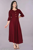 Fancy designed women's viscose rayon flared kurta, solid below-the-knee dress - Rayon, three-quarter sleeves, perfect for any occasion, Indian origin