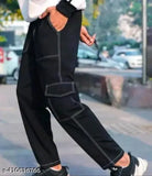 Black stretchy pants with multiple pockets, casual fit
