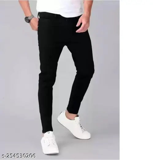 Zed black cotton blend denim, slim and comfortable, size 28/30/32, India-made solid pattern jeans
