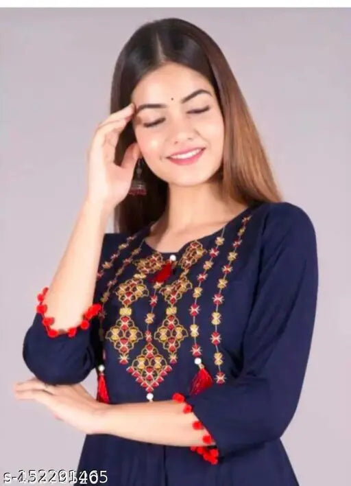 Blue rayon three-quarter sleeve embroidered For4 latkan blouse on hanger, India origin
