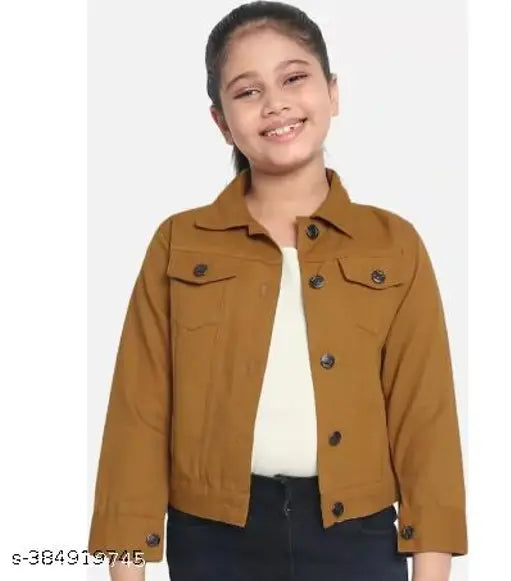 Trendy samani cotton long sleeve denim jacket for kids, girl. Brown, zip closure