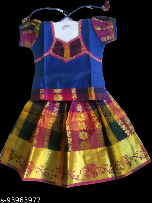 Blue cotton silk Oviya Pattu Pavadai/Lehanga Choli - embellished Indian dress for little girls