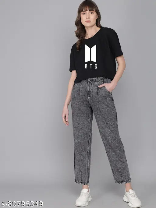 Black BTS women's round cotton cropped t-shirt with printed design, comfortable for daily wear and parties. Size chart available