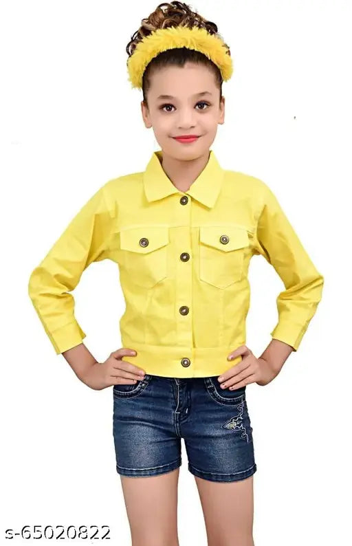 Denim yellow three-quarter sleeve girls jacket & coat, solid design for 4-5 years and 7-8 years, made in India