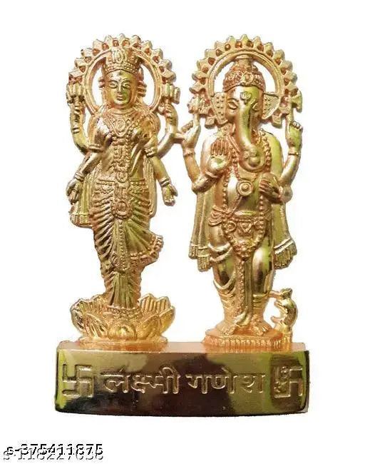 Gold-plated Lakshmi Ganesha Idol Showpiece, traditional Indian metal standing statue for Diwali decor, 11cm tall with 7cm product length and 1cm breadth