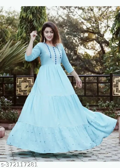 Women's long, blue embroidered anarkali kurti