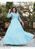 Women's long, blue embroidered anarkali kurti