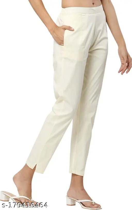 OffWhite solid cotton women's trousers with double pockets, trendy casual design for fresh summer collection