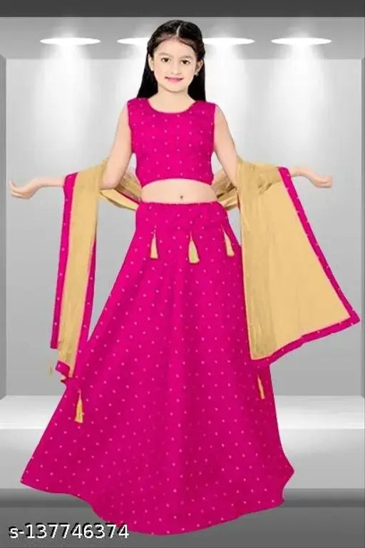 Pink cotton lehenga choli set with taffeta silk dupatta for kids, unstitched net quantity 1, sizes range from 7-14 years, Indian traditional wear