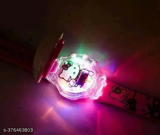 A colorful children's disco glowing light watch with a Hello Kitty face design, featuring multicolored LED lights and a rotating pattern