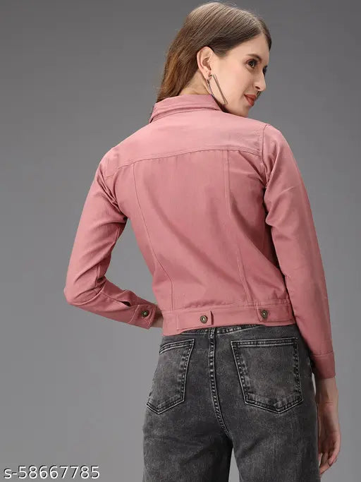 Cotton blend solid women's jacket with long sleeves and regular collar, denim fabric and closure button on front, by Akacy