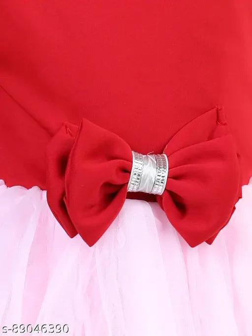 Red and net off-shoulder dress with white polka dots on sleeve and waist detail